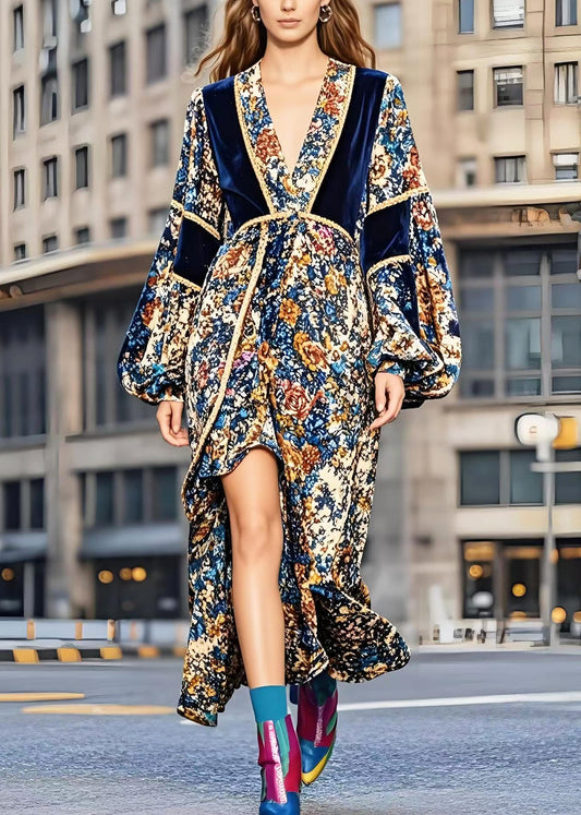 Patchwork Low High Design Silk Velvet Vestidos Dress Lantern Sleeve