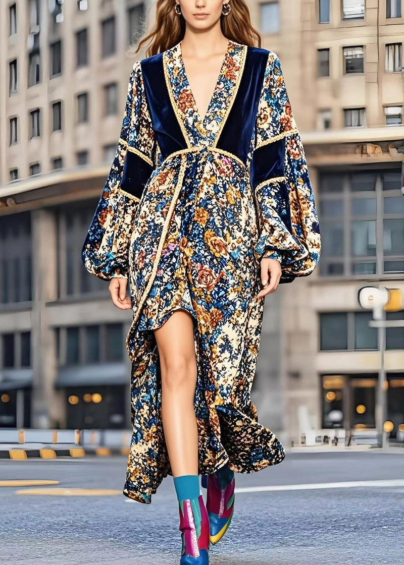 Patchwork Low High Design Silk Velvet Vestidos Dress Lantern Sleeve