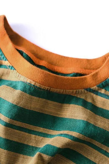 Cotton Stripes Split Hem O Neck T-shirt