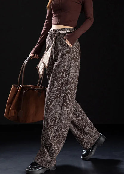 Brown Pockets Print Warm Fleece Denim Pants Winter