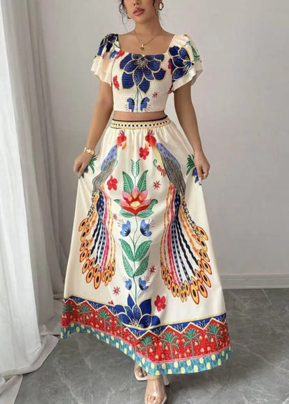 Square Collar Print Top and Maxi Skirts Two Piece Set Summer