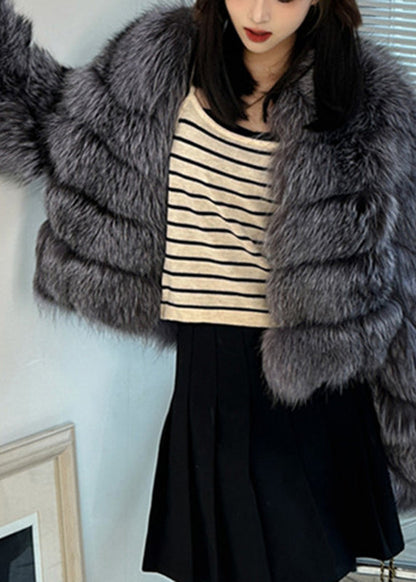 Grey Patchwork Leather and Fur Jacket Winter