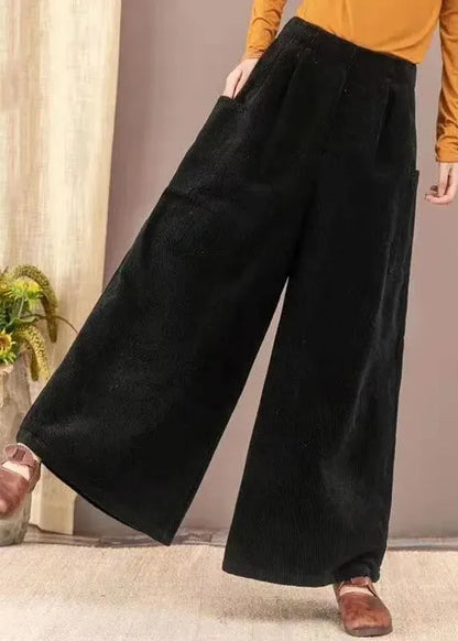 New Brown Pockets Corduroy Warm Fleece Wide Leg Pants Winter
