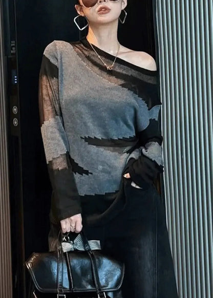 Slim Fit Grey Asymmetrical Patchwork Thin Knit Sweater Fall