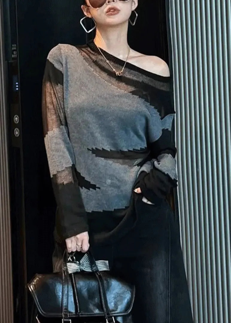 Slim Fit Grey Asymmetrical Patchwork Thin Knit Sweater Fall