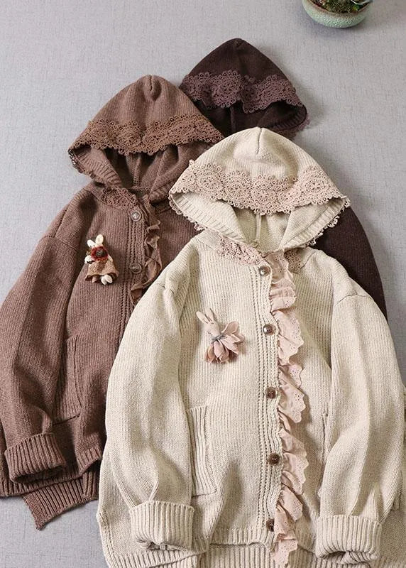 Art Beige Hooded Button Pockets Fall Knit Sweaters Coat