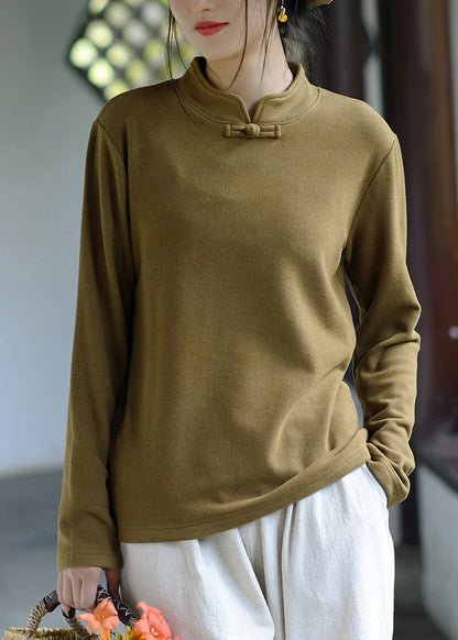 New Versatile Yellow Stand Collar Cotton T Shirt Top Spring