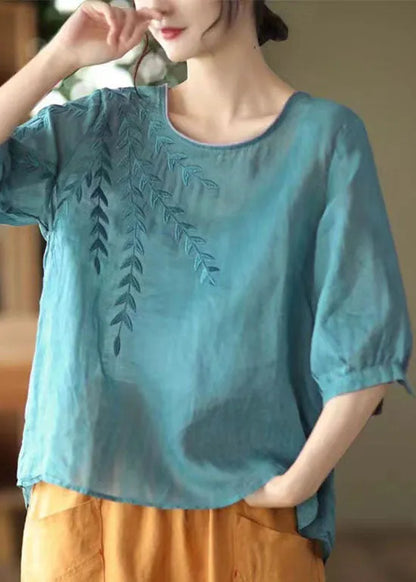 Blue Embroidered Patchwork Cotton T Shirt Half Sleever
