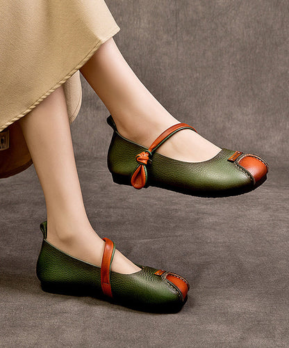 Retro Green Cowhide Leather Splicing Flat Feet Shoes Buckle Strap