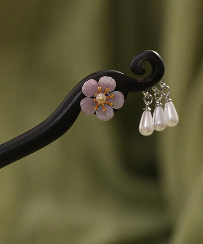 Chinese Style Purple Wooden Pearl Tassel Hairpin