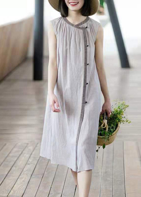 Brief Khaki O-neck Button Linen Long Dress Sleeveless