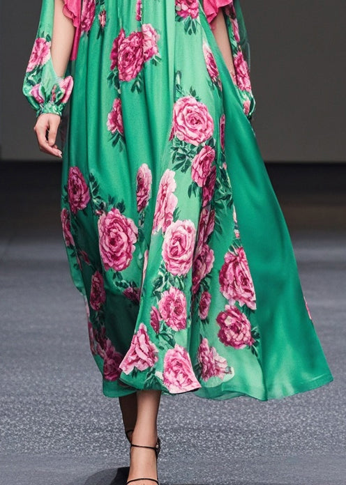 Green Print Ruffles Silk Velvet Dresses Fall