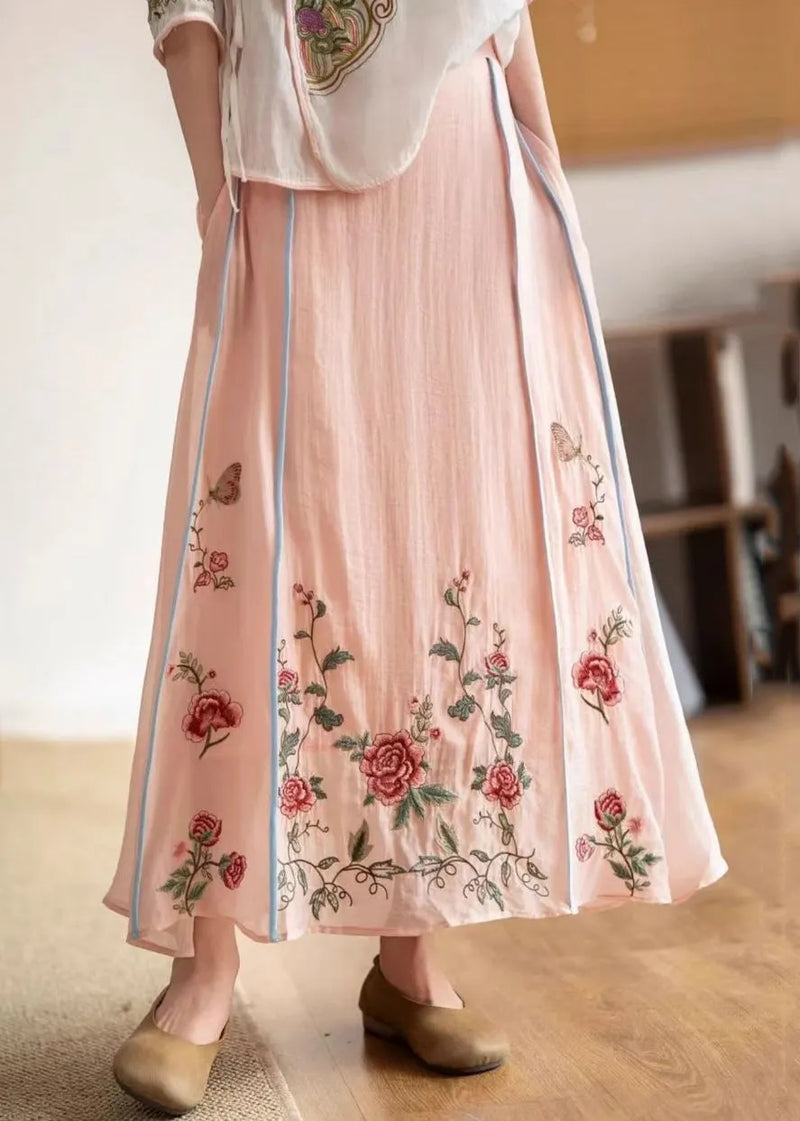 Original White Embroidered Elastic Waist Pockets Cotton Skirt Summer