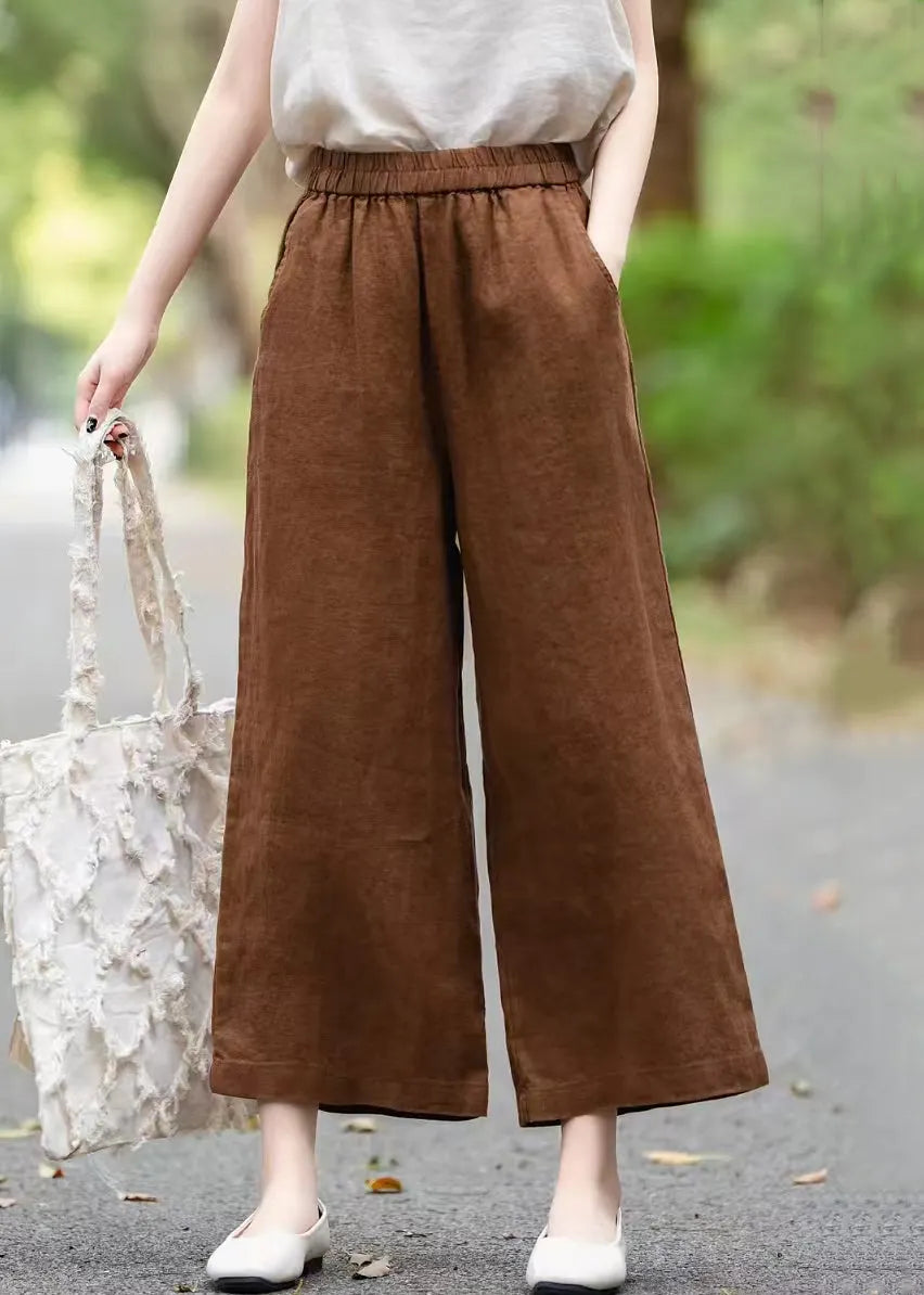 Wine Red Linen Summer Crop Pants Elastic Waist