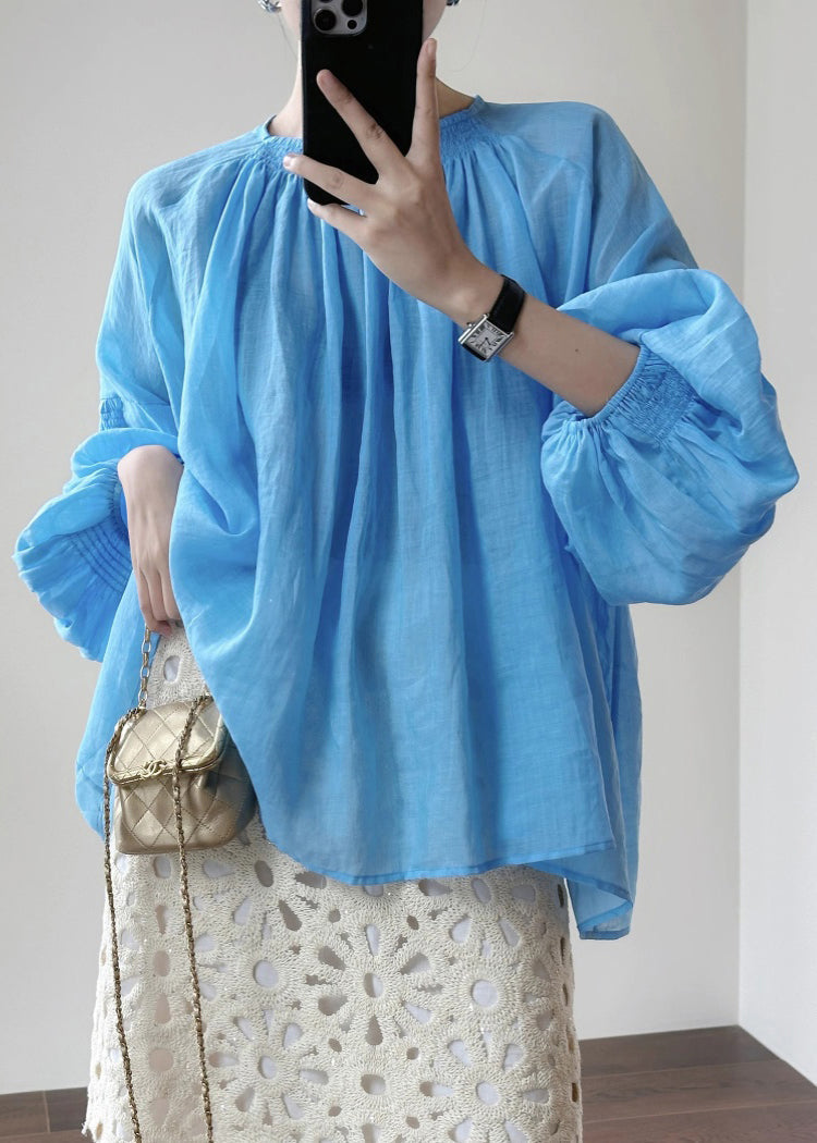 New Blue O-neck Cotton Shirt Lantern Sleeve