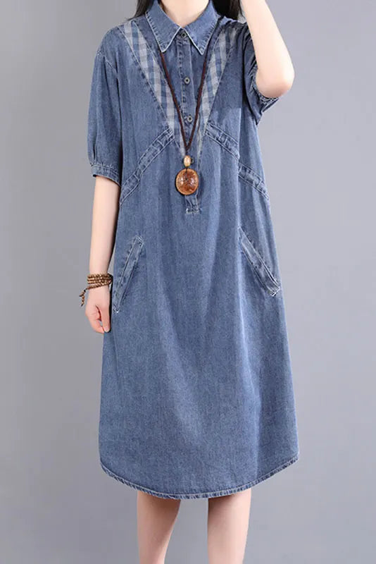 - Summer Blue Short-sleeved Dress Denim Stitching Dress