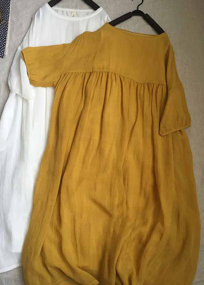 Yellow O-neck Patchwork Wrinkled Long Dresses Short Sleeve