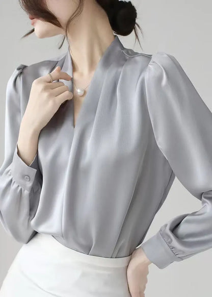 Simple Grey V Neck Button Silk Blouses Fall