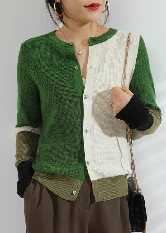 Green Patchwork Button Cotton Knitted Cardigans Fall