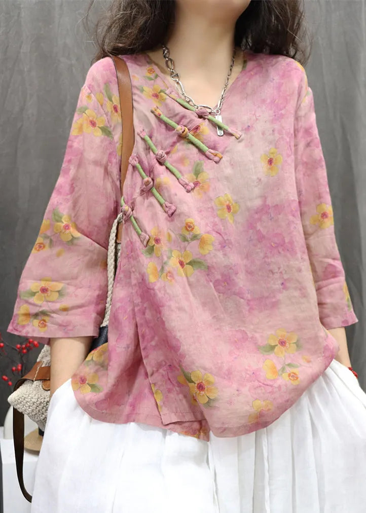 Purple V Neck Chinese Button Linen Shirt Spring