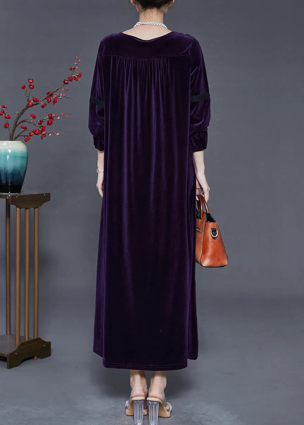Dull Purple Patchwork Silk Velvet Long Dress Oversized Fall
