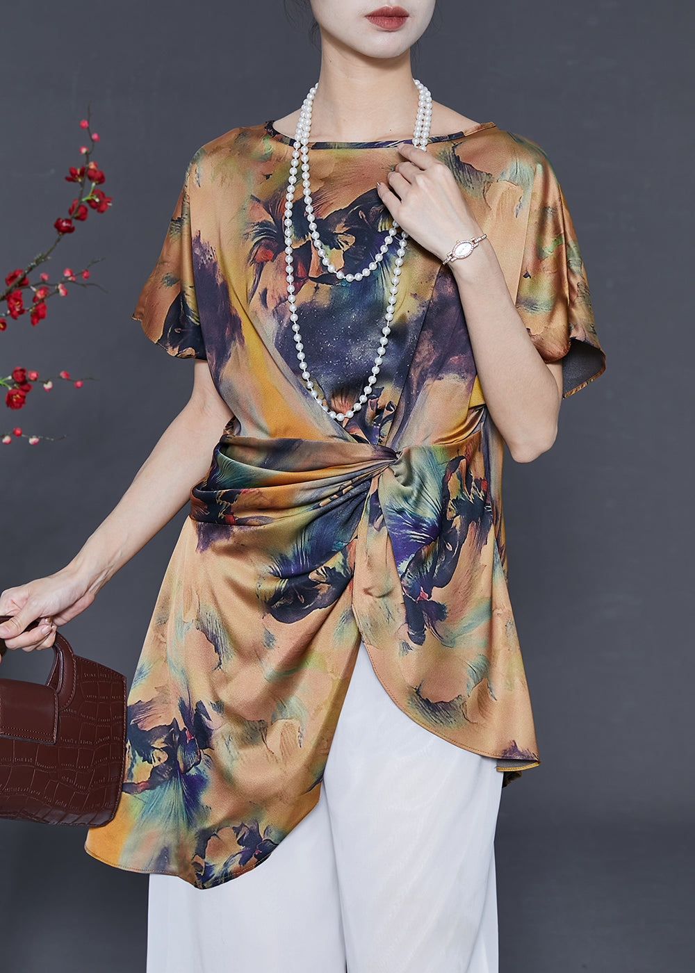 Khaki Asymmetrical Print Silk Tops Summer