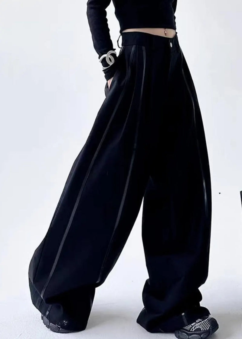 Black Striped Patchwork Pockets Lantern Pants Spring