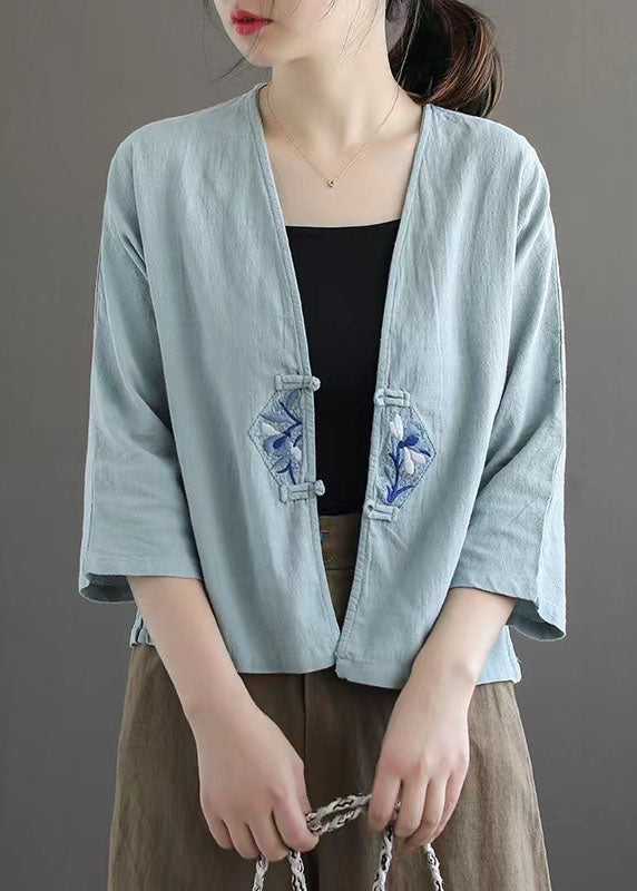 White Retro Embroidered Patchwork Summer Linen Blouse