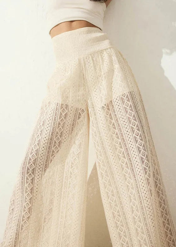 New Black Hollow Out Elastic Waist Lace Wide Leg Pants Summer