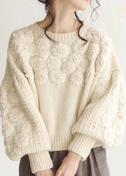 Beige Thick Warm Embroidered Fall Knit Sweaters