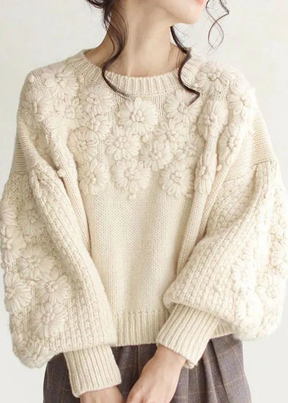Beige Thick Warm Embroidered Fall Knit Sweaters