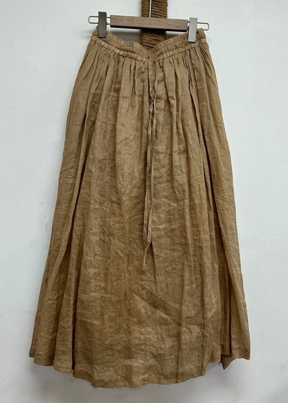 Leisure Khaki Elastic Waist Linen Long Skirt for Summer