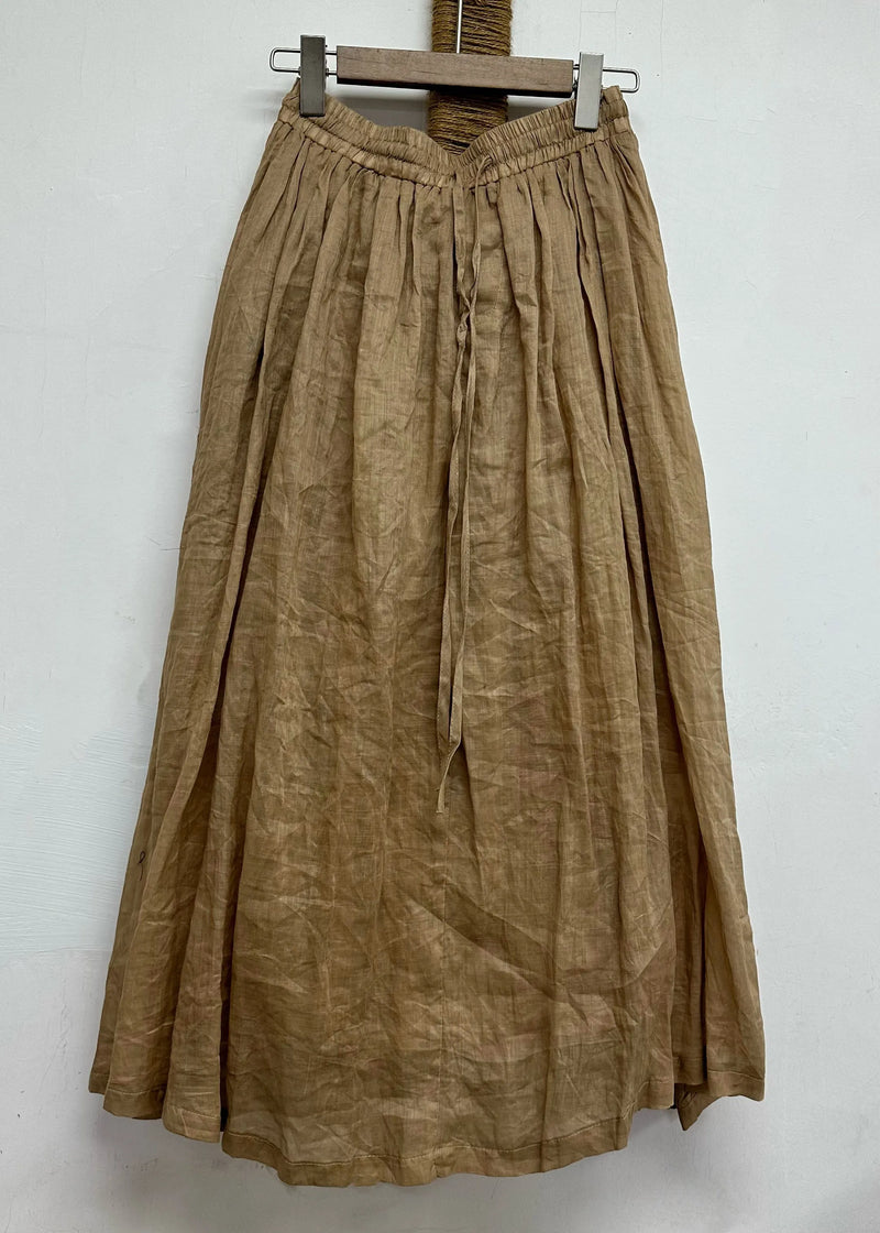Leisure Khaki Elastic Waist Linen Long Skirt for Summer