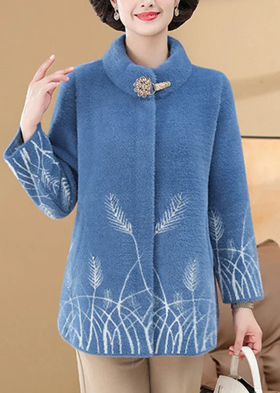 Omen Blue Print Pockets Mink Velvet Coats Spring