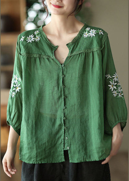 Green V Neck Embroidered Linen Top Bracelet Sleeve