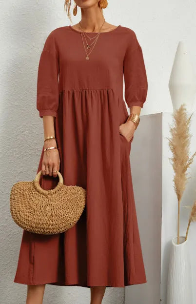 Spring Outfit Lantern Sleeve Loose Cotton and Linen Pocket Dress