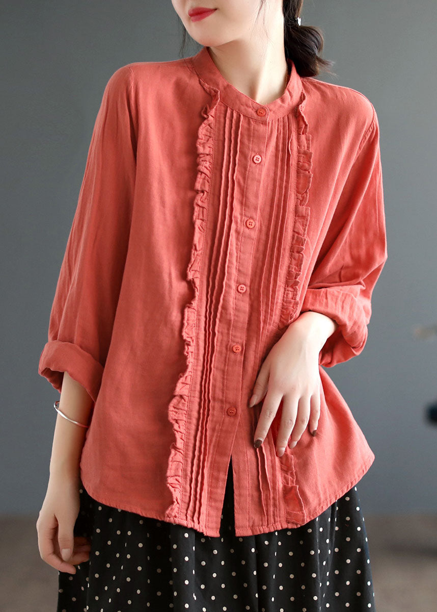 White Stand Collar Ruffled Patchwork Cotton Blouse Tops Spring