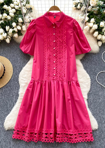 Rose Patchwork Lace Shirt Dress Lantern Sleeve