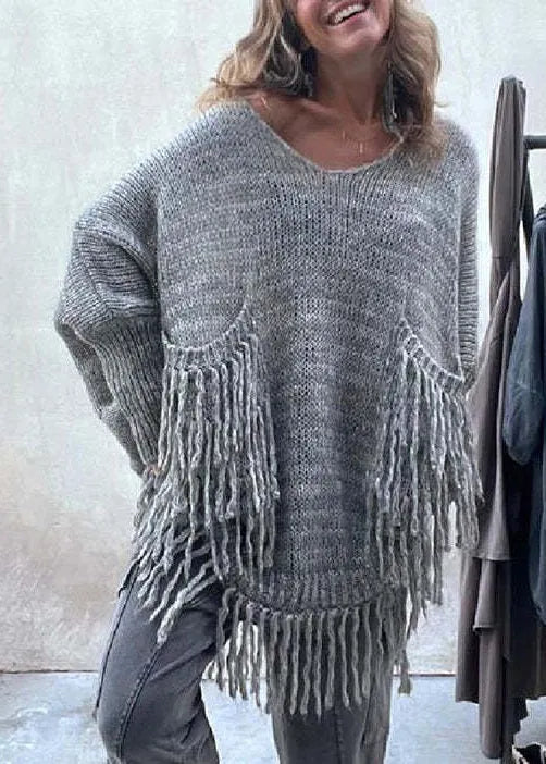 Stylish Light Camel Tasseled Pockets Knit Sweaters Fall