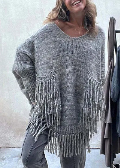 Stylish Light Camel Tasseled Pockets Knit Sweaters Fall