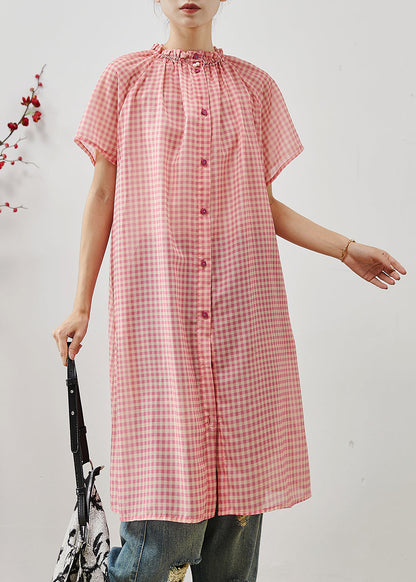 Organic Pink Ruffled Plaid Cotton Maxi Dresses Summer