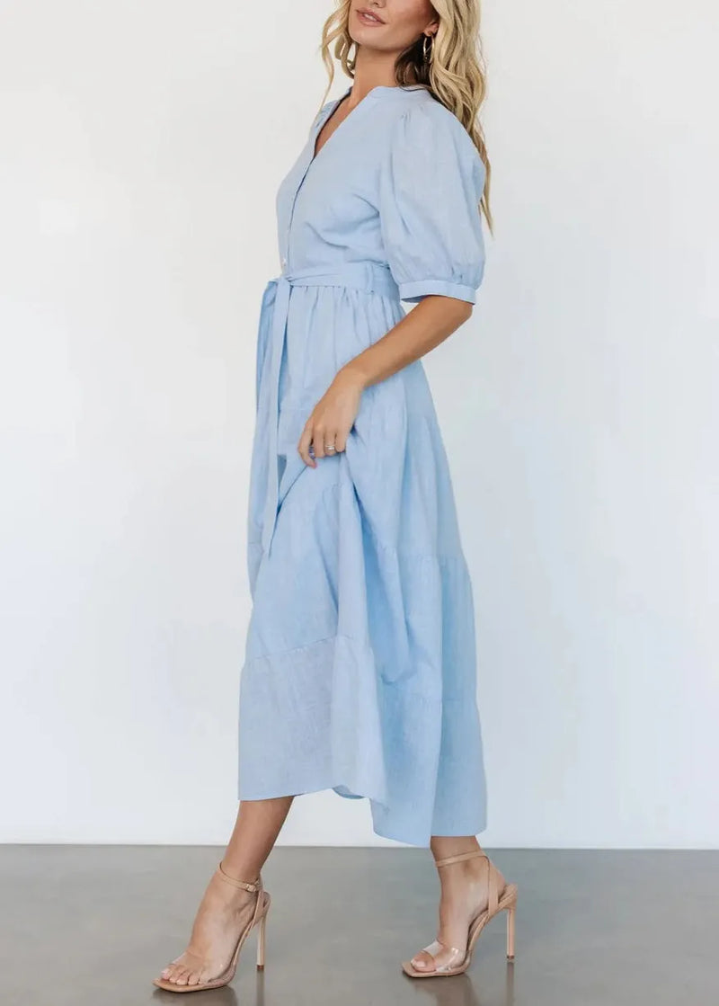 Light Blue V Neck Pockets Cotton Long Dress Summer