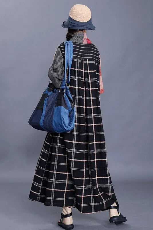 -v-neck Panelled Plaid Maxi Dress
