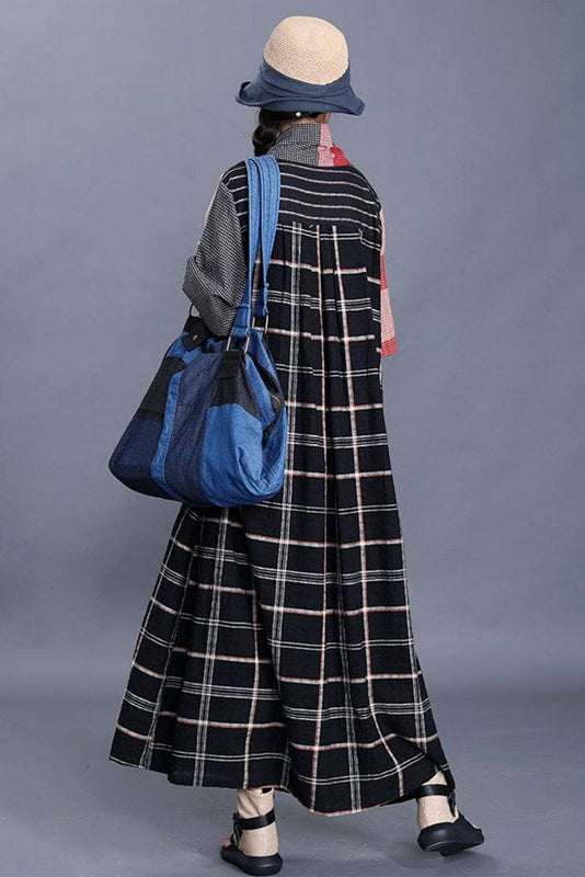 -v-neck Panelled Plaid Maxi Dress