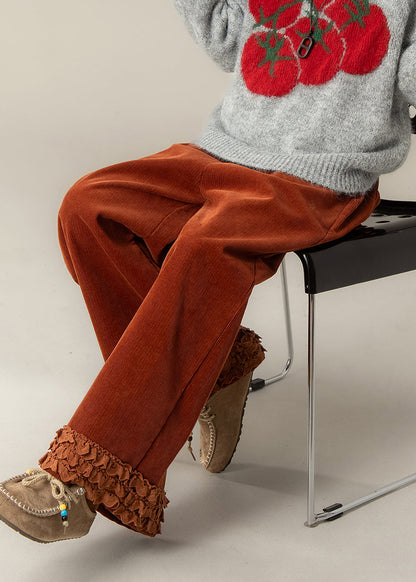 Brick Red Ruffled Oversized Corduroy Straight Pants Spring