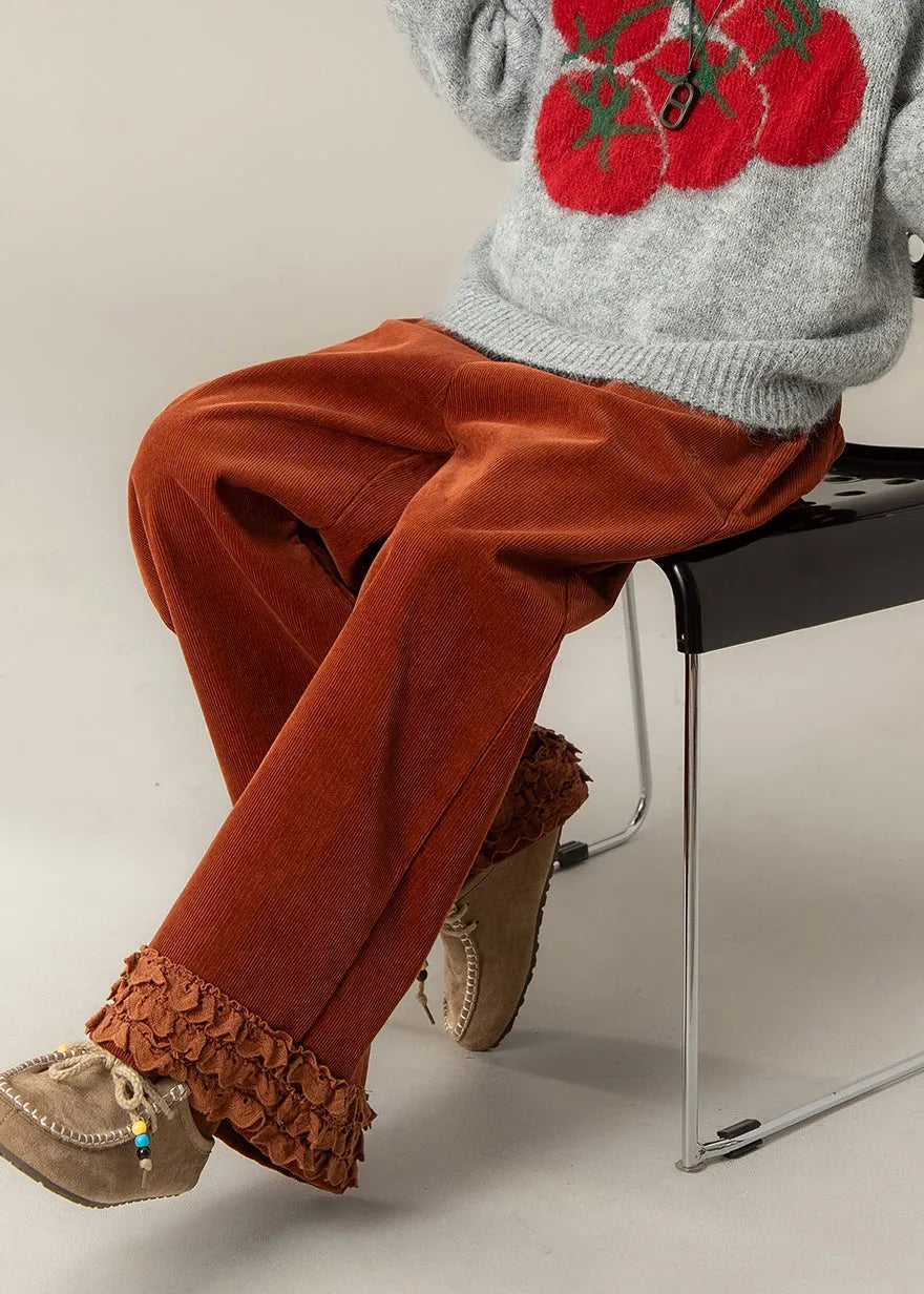Brick Red Ruffled Oversized Corduroy Straight Pants Spring