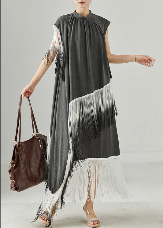 Grey Tasseled Patchwork Asymmetrical Design Robe Dresses