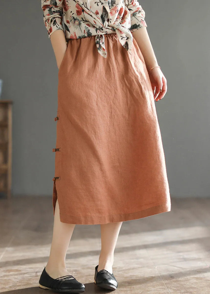 Orange Oriental Elastic Waist Pocket Linen a Line Skirts Summer