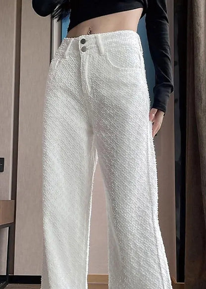 White Pockets High Waist Denim Pants Spring