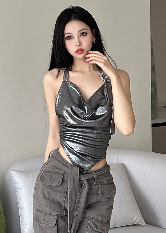 Italian Black V Neck Wrinkled Faux Leather Vest Sleeveless